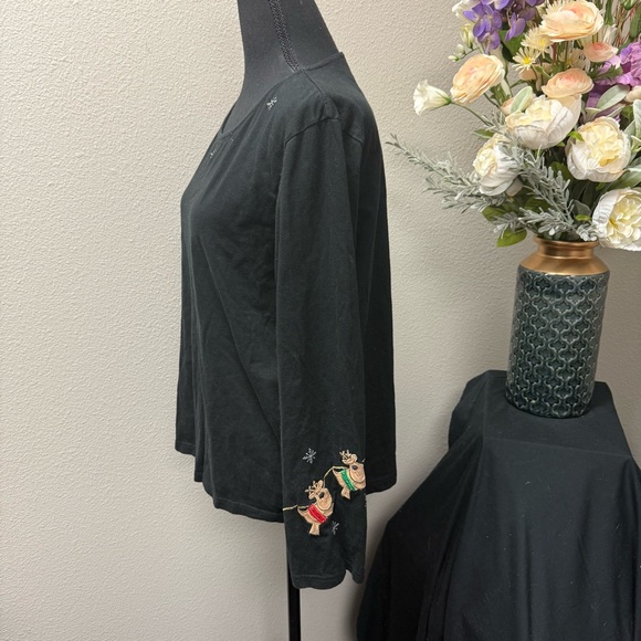 Lemon Grass Black Reindeer Embroidered Christmas Top Women’s Large Cotton - Picture 4 of 9